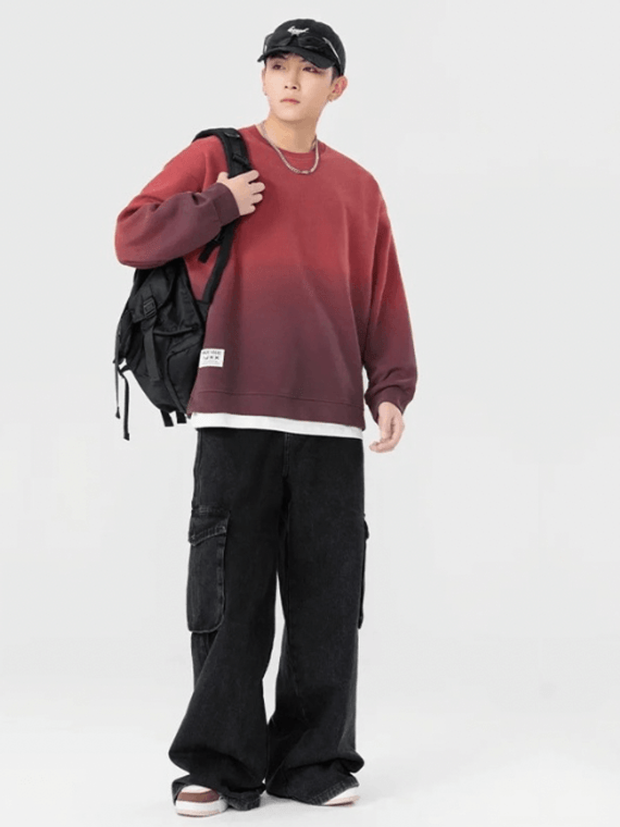 Fake Two Piece Sweatshirt  Men’s long sleeves with band cuffs round crewneck for Couples Baggy sports fitness Tracksuit tops for man Crew neck Fall Autumn Winter Spring mens O-neck banded sweatshirts in Red plus-, tall-, size side hem slit fashion style