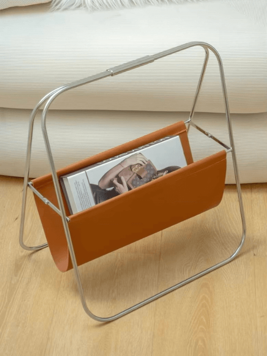 Leather Magazine Rack Vintage Light Luxury Shelf Stainless Steel Foldable Bookcase, MidCentury Design, Living Room Storage racks Furniture in light tan brown