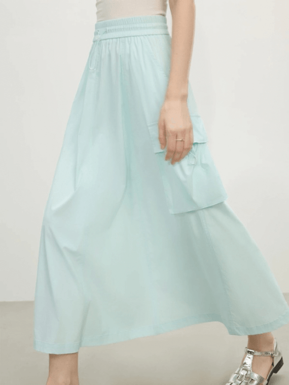 Women’s Sun Protection Suit outdoor pleated drawstring tie lace-up elasticated high rise waist back slit slant side and deep flap drawcord close patch pockets ankle-length Skirt for Woman in light aqua blue Versatile Womens petite-, tall-, plus-, size casual two-piece Suits Spring Summer office wfh workwear style outwear fashion pleats skirts