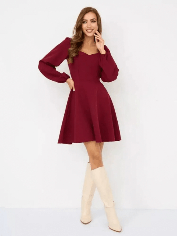 Women’s woman womens petite-, tall-, plus-, size Puff long sleeves elegant V-neck solid pleated folds streetwear clothing Spring Summer Fall Autumn Winter pleats bottomed midi Dresses Fashion Dress vestido in red