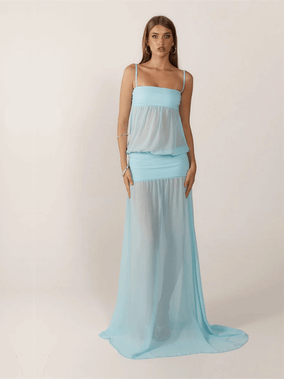 Women’s woman womens Chiffon See Through Sexy ball Gown Fashion Spaghetti Strap Sleeveless Backless Draped Club Party Long maxi Dresses in light blue