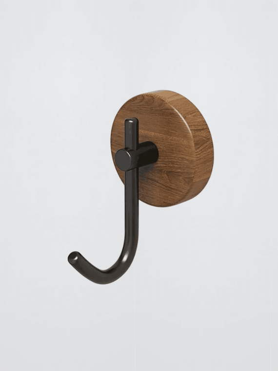 Self-Adhesive Solid Wooden Hook Walnut Key Decorative Towel Holder Hooks Door Hanger Wall Coat Rack Kitchen Bathroom Organizer in black with brown wood