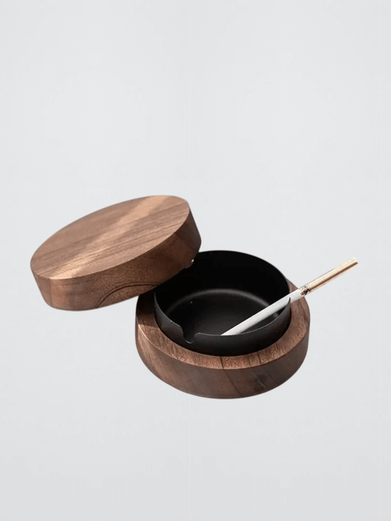 Walnut Wood Ashtrays with Lid Covered Windproof Ashtray Stainless Steel Liner Indoor Outdoor Ash Tray For Home in black, silver