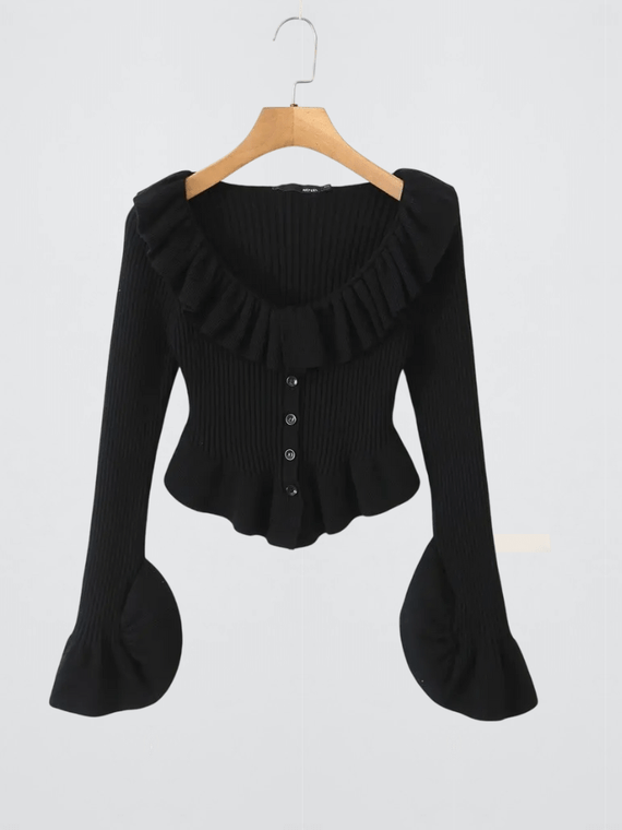 Women’s woman womens petite- size Autumn ribbed French look sweet girl Ruched style lotus leaf Scoopneck collar slim fit ruffled long lantern sleeves with flared cuffs button-up decoration appliqué Knitted ruffles scoop neck Sweaters in black