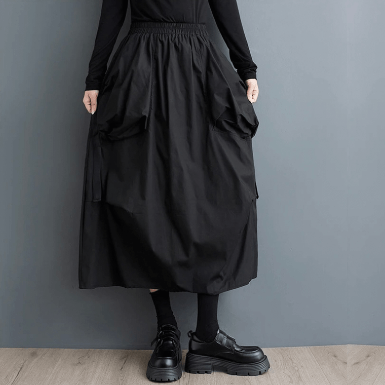 Women’s woman womens Folds pockets patchwork solid color elasticated high rise empire waist Loose mid-calf all-match slimming bell skirts in bottle black