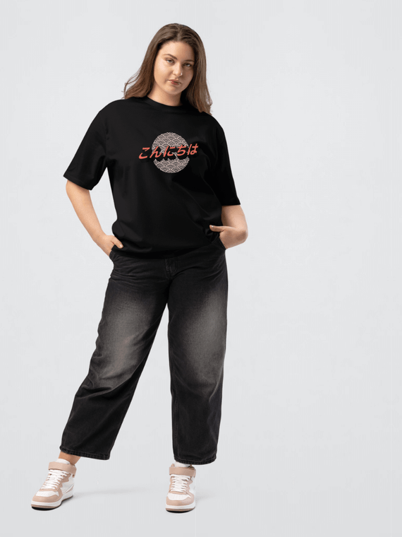 Genflex gender neutral unisex Men’s man mens Women’s woman womens petite-, tall-, plus-, size Graphic Crewneck Heavyweight T-Shirt black こんにちは Hello logo print round crew O-neck short sleeves Oversized Japanese T-Shirts