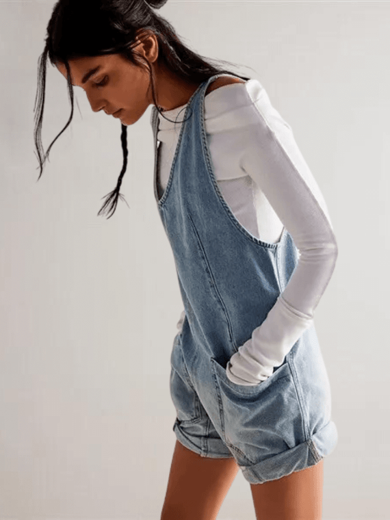 Women's woman womens petite-, tall-, plus-, size Street loose fit sleeveless tank straps Denim Overalls Waist Polyester Fiber No sleeves patch pockets shorts rompers Spring Summer Autumn Winter fashion in distressed light blue