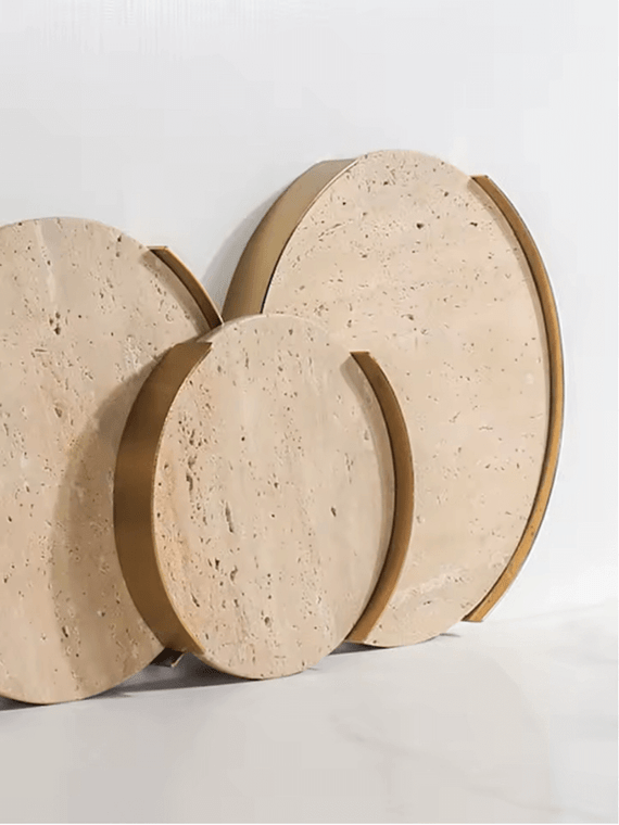Retro Round Natural beige Marble Display Tray with Metal Handle Living Room Tabletop Bathroom Vanity Storage Tray Home Decoration Objects in 20cm, 25cm and 30cm diameter