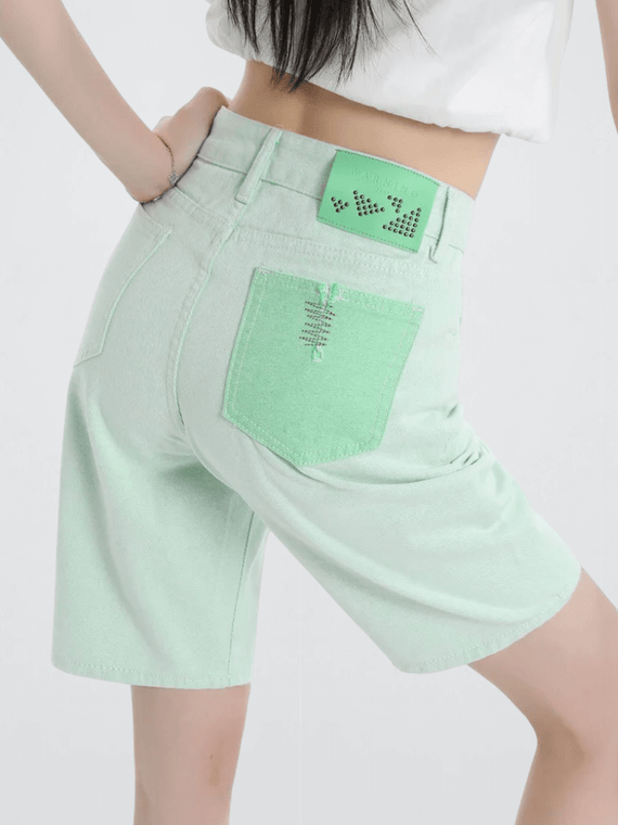 Women's woman womens petite-, tall-, plus size-, Mint Green Straight fit Summer Loose Drape Small High-Waisted Five 5 pocket zipper-up close Casual Trousers hollday vacation getaway  Denim Shorts