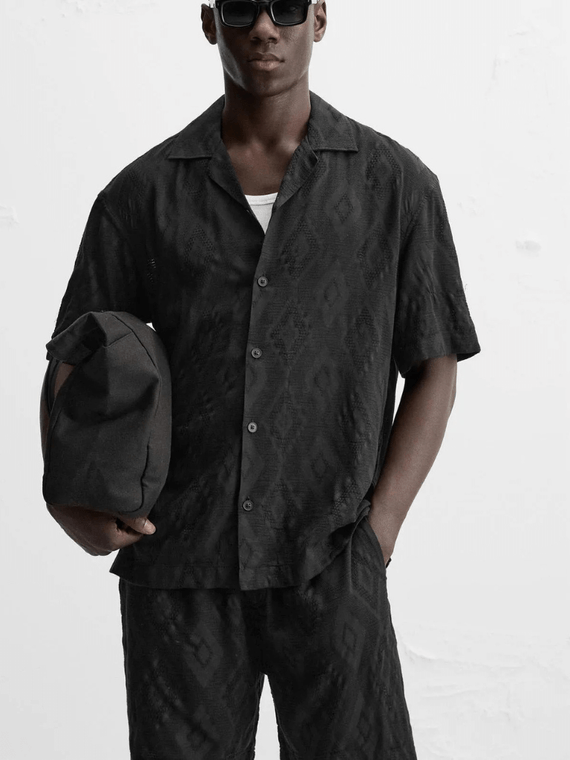Men's man mens petite-, tall-, plus-, size Geometric Pattern Embroidered short sleeves with dropped shoulders casual loose cotton blend shorts turn-down collar button up shirt fashion Set Summer embroidery Collection in black