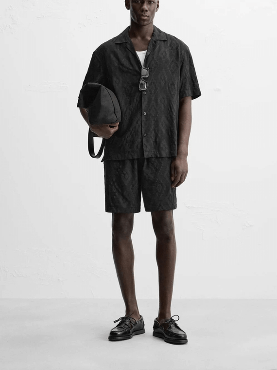 Men's man mens petite-, tall-, plus-, size Geometric Pattern Embroidered short sleeves with dropped shoulders casual loose cotton blend shorts turn-down collar button up shirt fashion Set Summer embroidery Collection in black