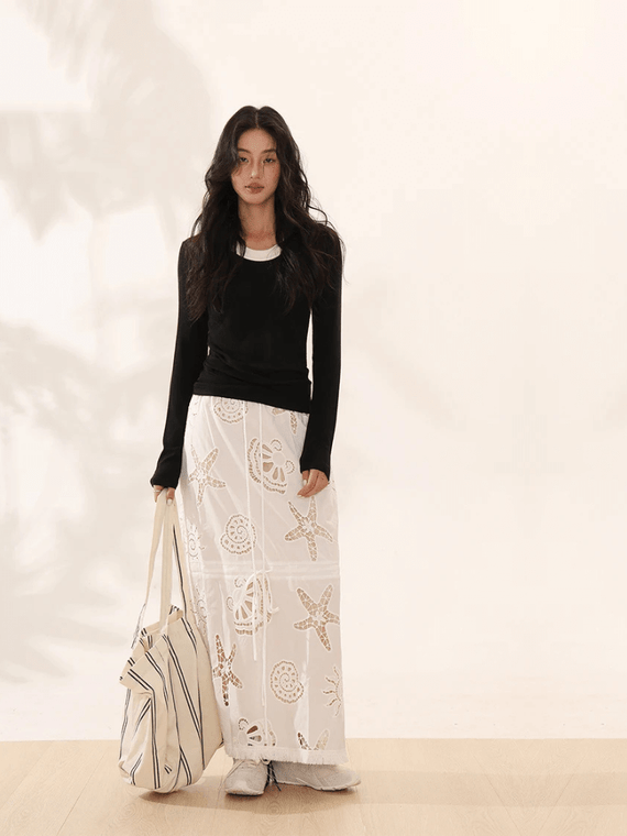 Women's woman womens petite size Boho bohemian Summer Beach vacation holiday getaway safari Hollow out drawcord drawstring high rise waist slim straight fashion long semi-transparent lace hollow-out seashells fish maxi skirt in white