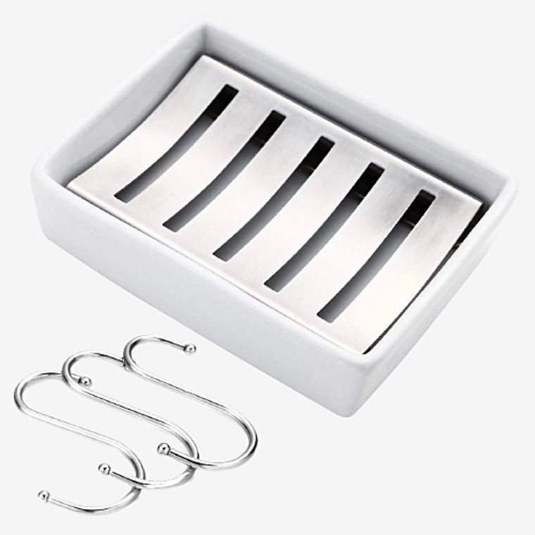 White Ceramic Dish Stainless Steel Shower Soap Holder Double Layer Tray with Drain + 3PCS Towel Hooks Trend