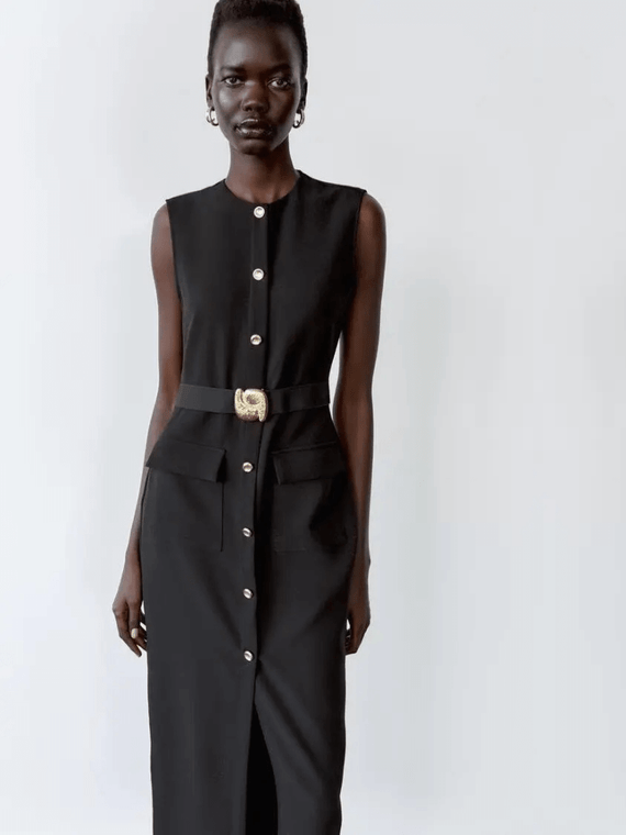 Women's woman womens Crewneck belted high-rise waist single buckle button decorated close sleeveless round o-neck polyester fiber commute wfh office workwear party midi dresses in black