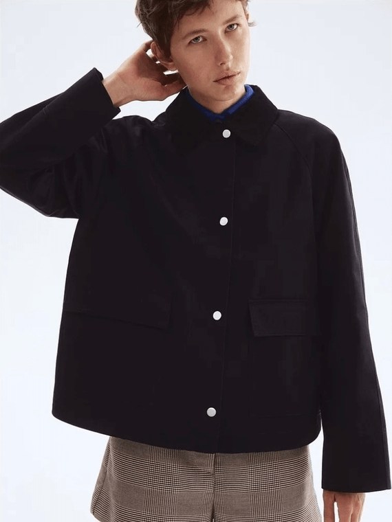 Women's woman womens petite-, tall-, plus-, size Casual thin wfh office workwear turn-down collar long sleeves regular length polyester cotton blend corduroy textured patch pockets short cropped Jackets Outerwear fashion outwear in black
