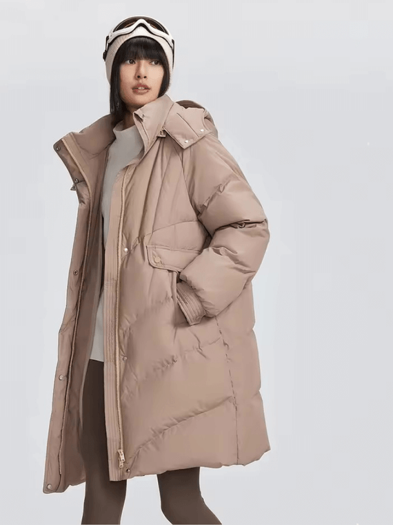 Women's woman womens petite-, tall-, plus-, size Winter 85% Duck Down Detachable Hood zipper button-up close slit side pockets ribbed trim Puffer Korean Style Mid-Length Lady hooded  coats outwear fashion outerwear jacket in Desert brown, Gardenia white, Shadow black, Grayish purple