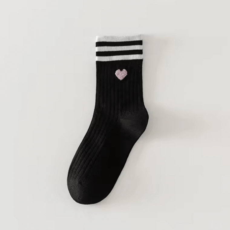 Women's woman womens Versatile Kawaii Style Autumn and Winter Medium Fashion Love Embroidery Pattern Stripes Cotton Cute ribbed crew Socks in Black, with white, lilac