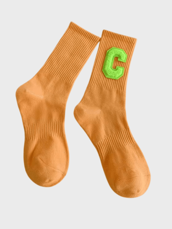 Genflex Gender Neutral unisex Women’s woman womens Men’s man mens genderfluid Autumn Fall, Winter and Spring Korean Colorful Big C Letter Cotton Breathable Fashion Hip Pop Street Sports Ribbed Crew Socks in Mango orange, with light green,