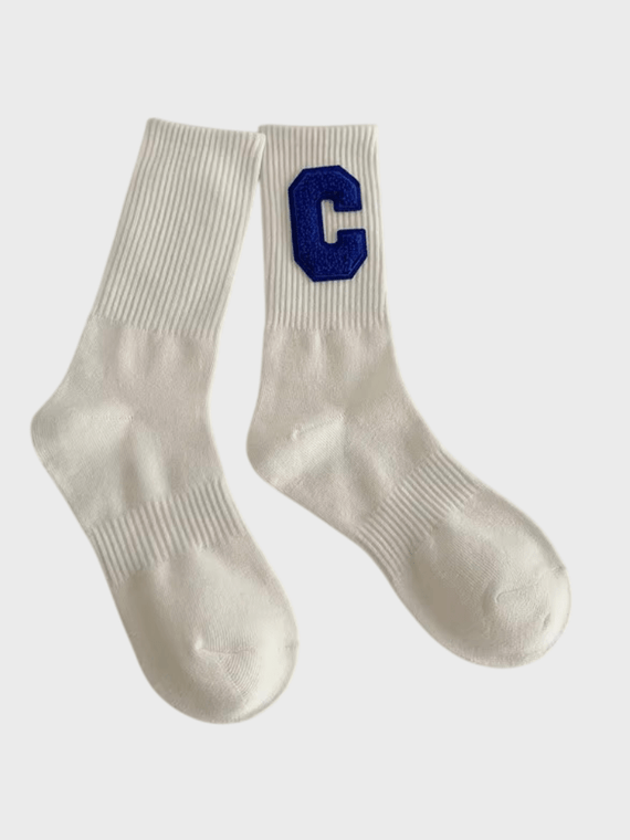 Genflex Gender Neutral unisex Women’s woman womens Men’s man mens genderfluid Autumn Fall, Winter and Spring Korean Colorful Big C Letter Cotton Breathable Fashion Hip Pop Street Sports Ribbed Crew Socks in White, with blue