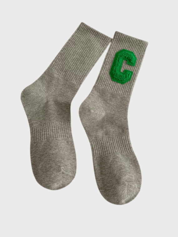 Genflex Gender Neutral unisex Women’s woman womens Men’s man mens genderfluid Autumn Fall, Winter and Spring Korean Colorful Big C Letter Cotton Breathable Fashion Hip Pop Street Sports Ribbed Crew Socks in Gray, with green,