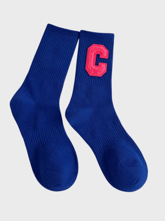 Genflex Gender Neutral unisex Women’s woman womens Men’s man mens genderfluid Autumn Fall, Winter and Spring Korean Colorful Big C Letter Cotton Breathable Fashion Hip Pop Street Sports Ribbed Crew Socks in blue, with rose red pink