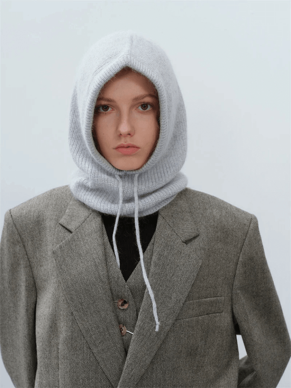 Women’s woman womens High quality ribbed Balaclava Rabbit fur Knitted Fashion Solid Cap Autumn Winter Hats Korean designer Warm Pullover Snood Hats in Gray grey