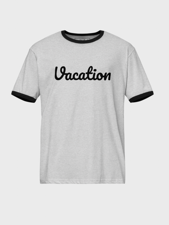 Genflex gender neutral unisex Men’s man mens Women's woman womens petite-, tall-, plus-, size Casual Glasses graphic crewneck short sleeves regular length cotton round o-neck HOLIDAY 休日 Japanese Letter print fashion tops Vacation getaway T-shirts in Heather Gray grey, with Black