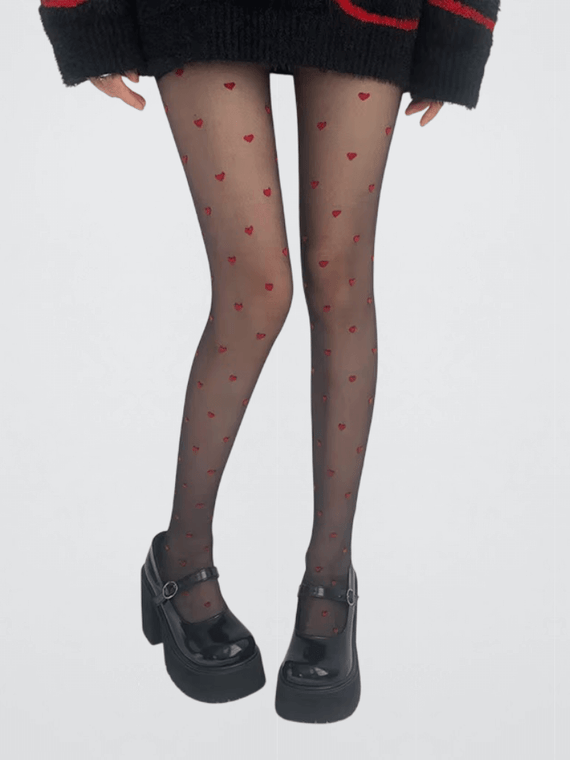 Exquisite Love Heart Print Silk Stockings Sweet Girls Christmas Gifts Sexy Nightclub Female Alluring Hosiery Nylon Tights in Red