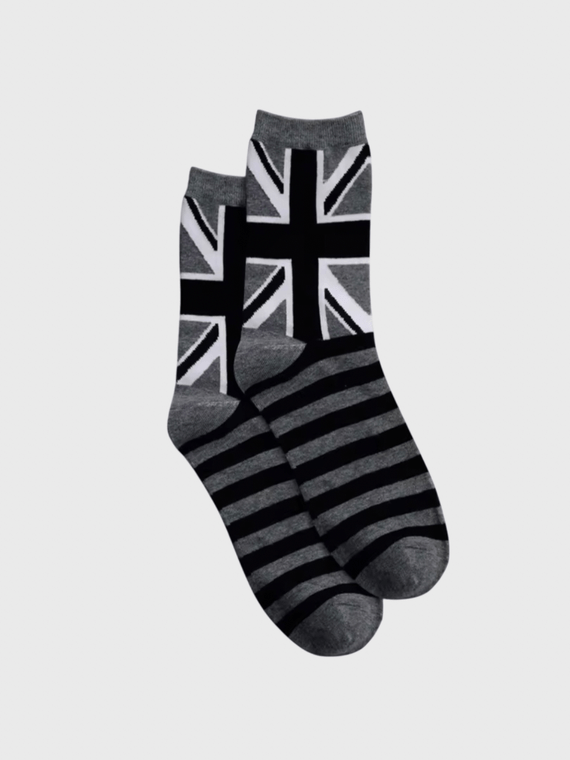 Genflex gender neutral unisex Men’s man mens Women’s woman womens Couples 1 Pair Cotton Spring Autumn Fall Winter Funny cartoon UK United Kingdom Great Britain Union Jack country flag pattern Colorful EUR37-43 ankle crew socks in Gray grey