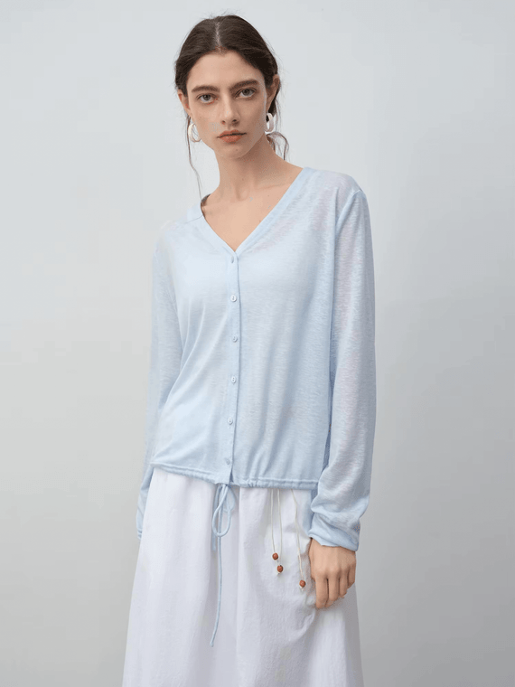 Women’s woman womens petite size Minimalism cottage V Neck long sleeves Thin Knitted drawcord drawstring tie button-up Summer Physical Sunscreen Cardigans in light blue