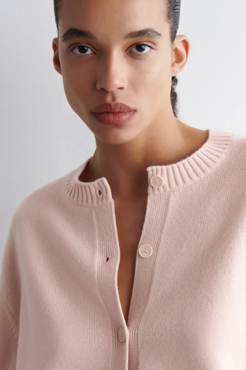 Women’s woman womens petite-, tall-, plus-, size spring style Casual lightweight crewneck fashion Solid-color round polo crew neck rib band trim collar button-up half sleeves with ribbed cuffs and hem knitted cardigans in light pastel pink