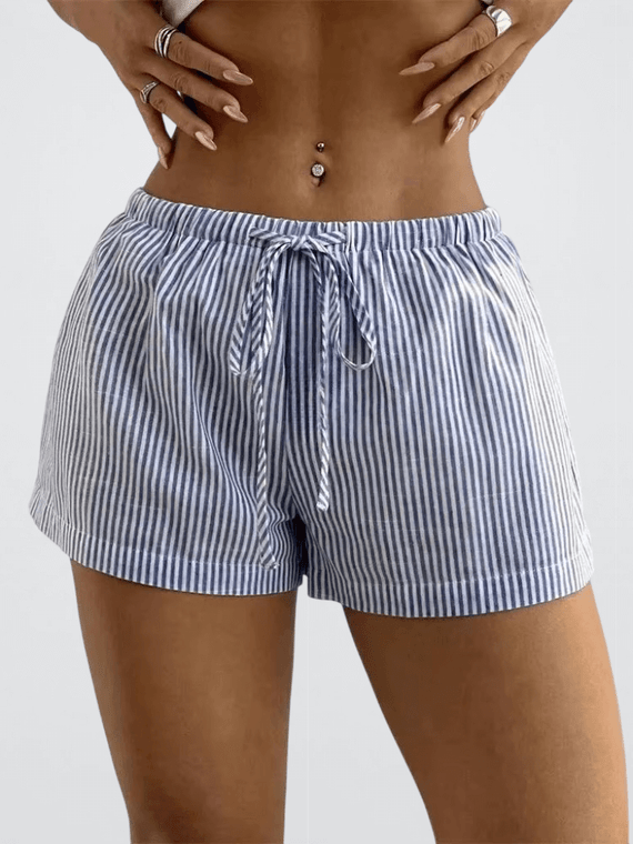 Women’s woman womens Low Rise Striped Short for Summer Drawstring drawcord Elastic Waist Beach Clothes Streetwear in light blue stripes Shorts