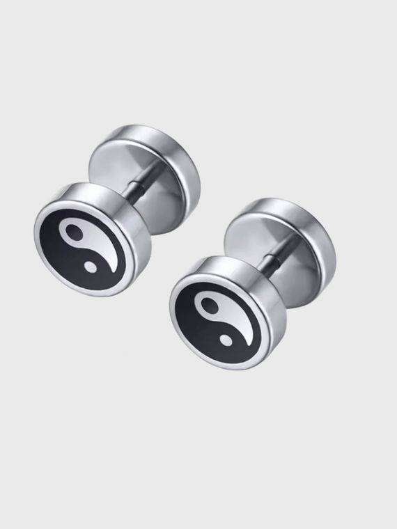 Chinese Yin and Yang Stud Earrings for Men Woman Jewelry Stainless Steel Round Tai Chi brinco masculino in silver with black white accent color