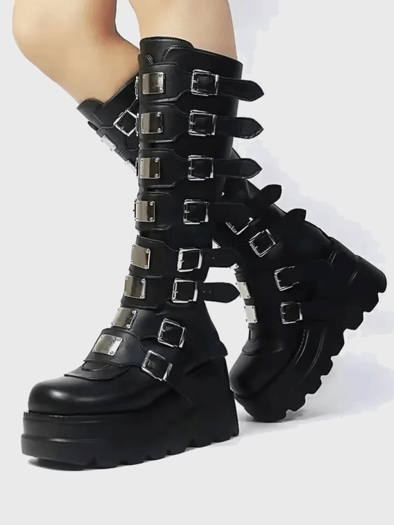 Women's woman womens Long Gothic Punk Platform Knee High buckle strap-up Sexy Motorcycles Halloween Cosplay Shoes Boots in black