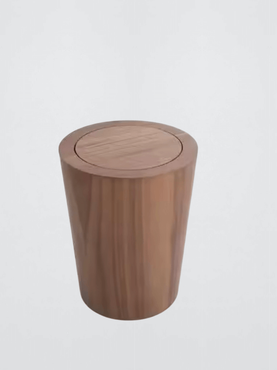 Swing Lid Garbage Can Waste Solid Wood Wastebasket Home Cleaning Tools Round Trash Office home Storage Baskets Bins 9L In dark brown natural wood