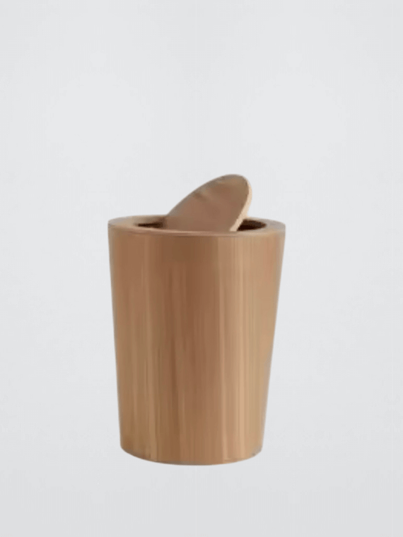 Swing Lid Garbage Can Waste Solid Wood Wastebasket Home Cleaning Tools Round Trash Office home Storage Baskets Bins 9L In light brown natural wood