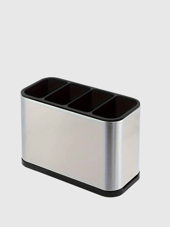 Kitchen Cutlery flatware Organizer Knife Stand Stainless steel Plastic Drain Storage Holder Spoon Fork Chopstick Kitchenware Cooking Tool Tray Shelf Boxes in silver with black accent color