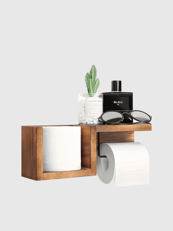 Farmhouse Wooden Wall Mounted Towel Rack & Tissue Holder with Shelf Bathroom Kitchen Organizer Holders in natural wood color