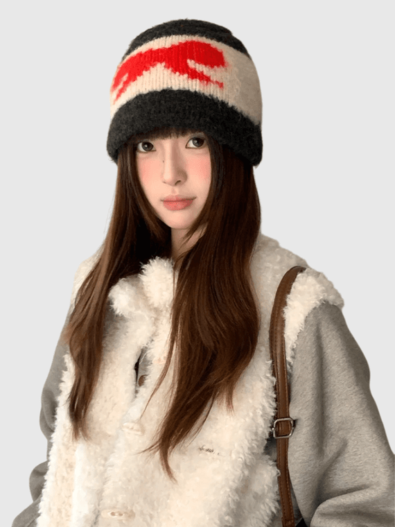 Women’s woman womens Woolen Korean-Style Color-Blocked Bow Knitted Beanie Hat For Women Winter Ear-Covering protection Hats Skullies & Beanies Headwear in red, with white, black