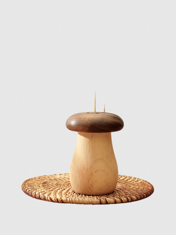 Creative Tabletop and Bar Mushroom Shape Toothpick Storage Box Home Living Room Dining Room Push-type Toothpicks Holders serveware utensils in natural brown wood color