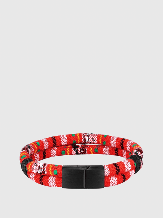 Women’s woman womens Men’s man mens Unisex Genflex Gender Neutral Genderfluid Ethnic Bohemian Boho Fabric Stainless Steel Magnetic Buckle Men Women High Quality Black Matte Charm Bracelets Beach Surfer Jewelry Gift Jewellery in red multi color