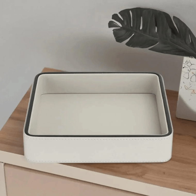 PU Leather Storage Box Home Entrance Jewelry Organizer Box Desktop Cosmetics Miscellaneous Trays Home Living Room Decoration in white with black accent