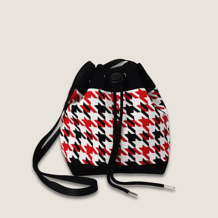 Women’s woman womens Simple and Elegant Plaid Red, black, White, and Gray Drawstring Knit Bucket Bag, with a Convenient and Quick Storage Drawstring Design, Can Be Carried on the Shoulder, Crossbody, or by Hand, Suitable for Carrying Mobile Phones, Books, Keys, and Ideal for Commuting, Travel, Vacation, Picnics, and Camping bags