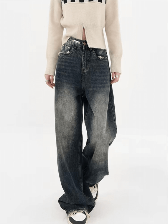 Women’s woman womens petite-, tall-, plus-, size Harajuku Streetwear Retro Fashion Autumn High rise Waist Loose Wide Leg Straight Loose Trousers Y2K Baggy Denim Jeans Pants in dark deep blue