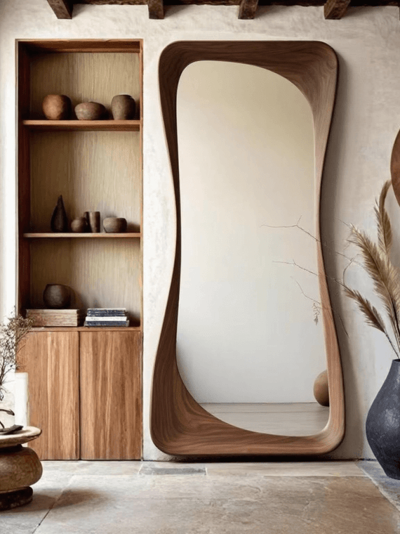 Home Office Store Shop Bar Floor Standing Deep Walnut Full Body Length Floor standing or wall mounted designer Mirror Special irregular bubble blob Shaped Wall Mounted High Level Dressing Room Bedroom Home Irregular Floor Mirrors in brown