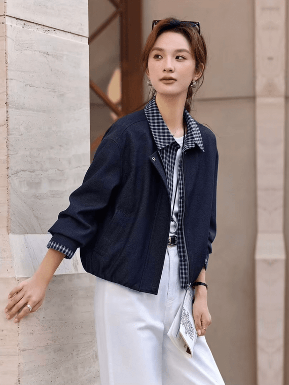 Women’s woman womens petite-, tall-, plus-, size dark navy blue Short Jacket Spring Summer Casual vacation holiday getaway office commuter wfh workwear 2 in 1 Plaid checkered plaid patchwork Splicing Lapel Zip Up Long Sleeves Outerwear Ladies Clothes Jackets
