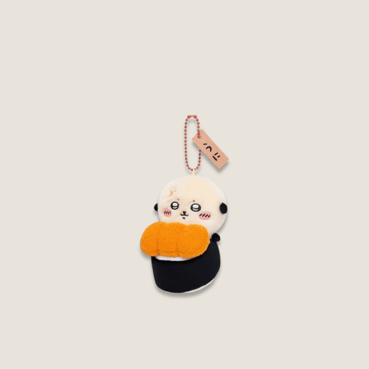 Sanrio Kawaii Girls Cartoon Plush gunkanmaki-style sushi with a bright orange Uni topping Sea Otter Rakko Chiikawa sushi food series Pendant Keychain Charm Decorations Children's Toys Exquisite Gifts in white with orange