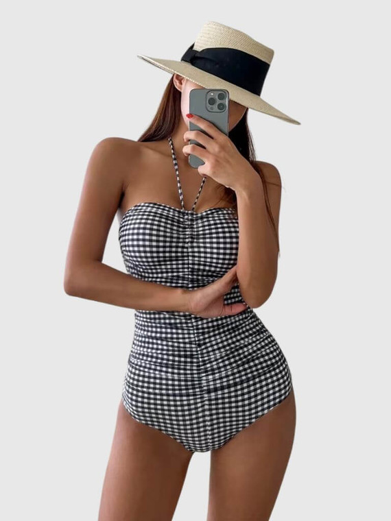 Women’s woman womens petite-, tall-, plus-, size Korean Style One Piece Sexy Plaid checkered strap neck padded sleeveless semi-backless High-rise waist Monokini holiday vacation getaway contrast waist band BeachWear Swimsuit Bathing Suit Swimwear in Gray grey, with white