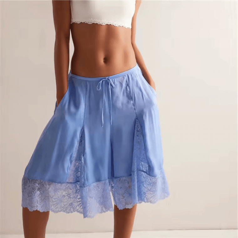 Women’s woman womens petite-, tall-, plus-, size Boho bohemian Lace Trim Y2k Satin Low Rise waist Half Slip Pajamas loungewear Cute Bow Coquette Pettipants Bloomers Patchwork Lounge holiday vacation getaway pleated pleats tie-up irregular hem Midi short Pants Shorts in light blue