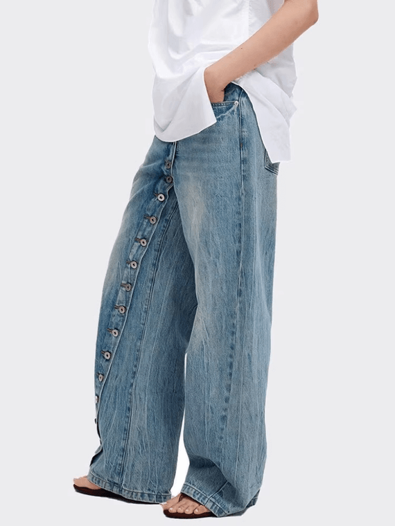 Women’s woman womens petite-, tall-, plus-, size American Retro Plus Size Distressed Washed Diagonal Button up High rise waist five pocket Spicy Design Casual streetwear dance Floor Pants Denim Jeans in blue